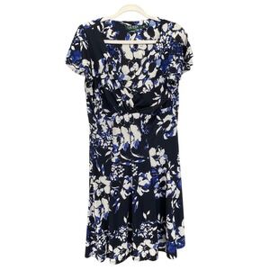 Lauren Ralph Lauren Floral Surplice Empire Waist Dress Navy Blue White Size 14
